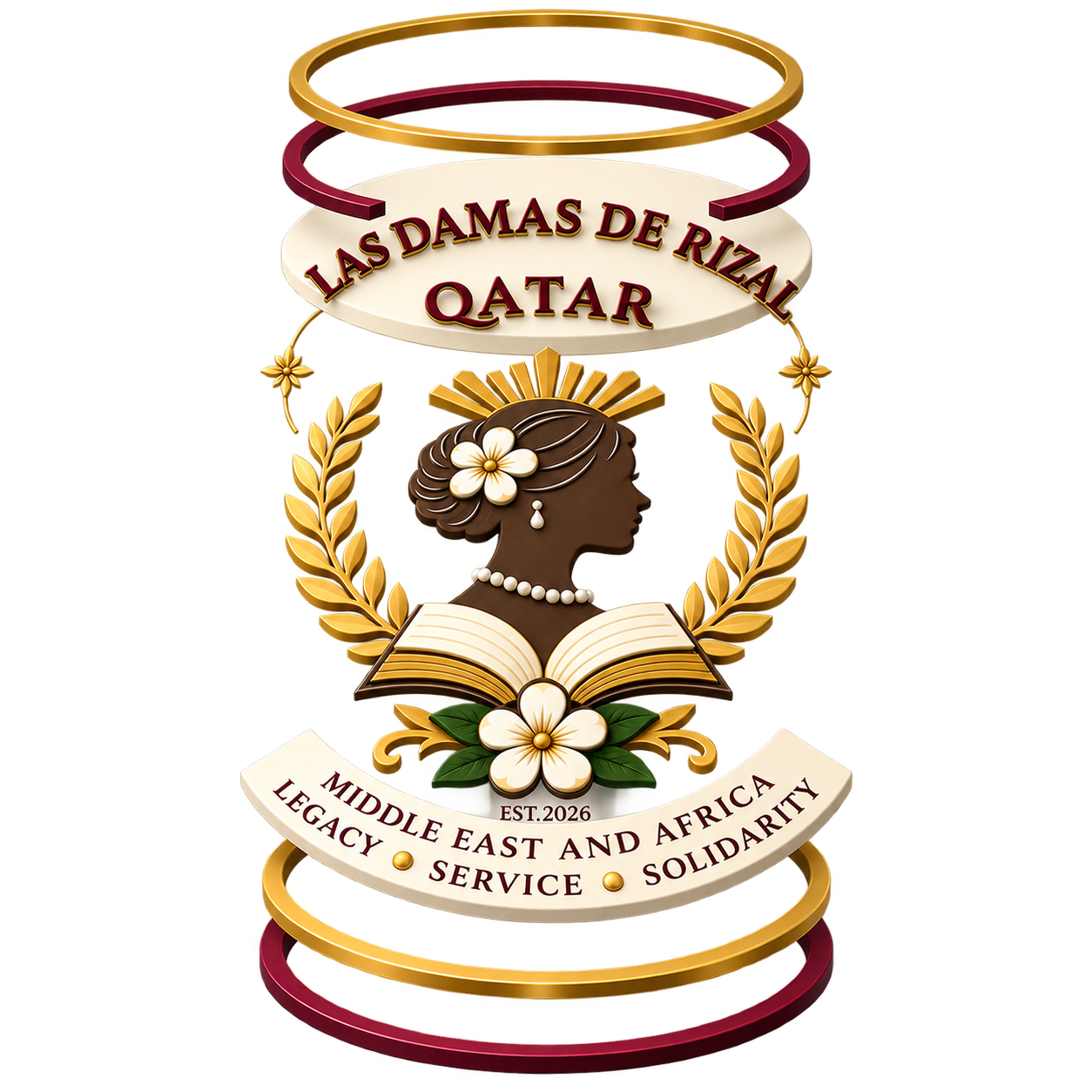 Exploded view of the Las Damas de Rizal – Qatar Chapter emblem, established 2026